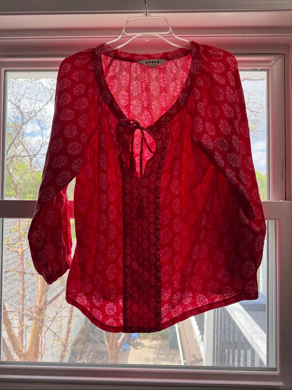 Boden Red Floral Tie-Front Peasant Blouse